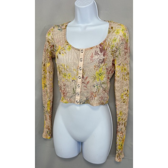 Free People We The Free Angelina Top Long Sleeve Sheer Lace Floral Cropped Top S - Picture 6 of 13